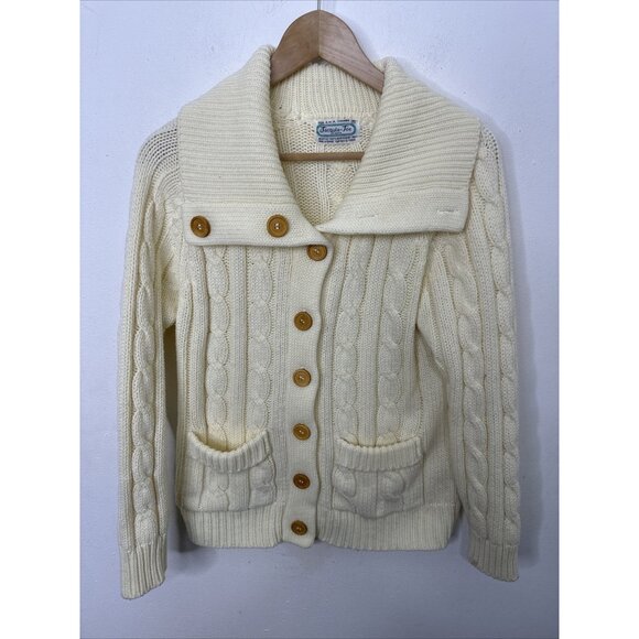 Vintage Sweaters - Vintage 70s Cable Knit Woman M Cardigan Sweater Acrylic  Classic High Neck